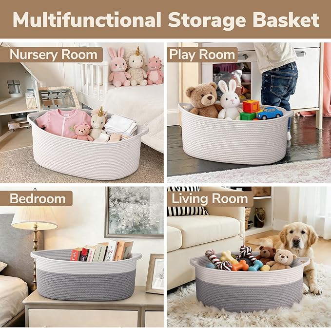 Goodpick Large Woven Rope Basket for Gifts Empty, 19.7"x 11"x 7.9", White | Storage Basket with Handles for Nursery Living Room, Perfect for Blankets, Pillows & Towels, Toys Storage