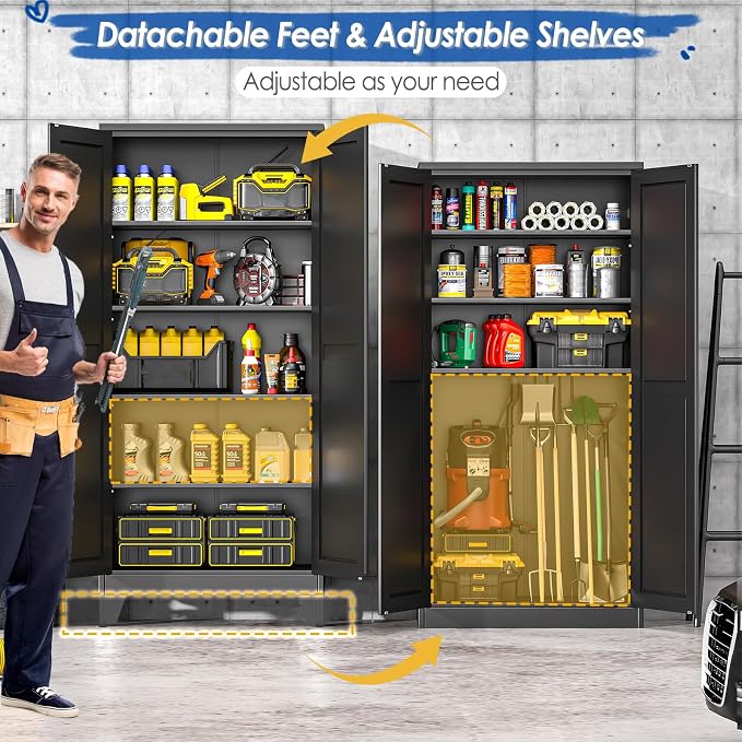 GAIOUS 71" Tall Metal Storage Cabinet with 2 Doors and 4 Adjustable Shelves | Kitchen Pantry Cabinet Black Freestanding Cupboard, 5 Tier Multifunctional Steel Storage for Office, Kitchen, Dining Room