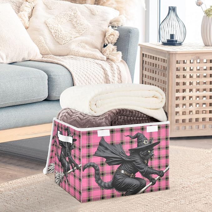 Fabric Storage Bins with Lid Black Cat Closet Storage Basket 40L | Decorative Storage Boxes, Foldable & Stackable, Dust-Proof Flip Top, Reinforced Handles, For Home & Dorm, Clothes & Toy Box