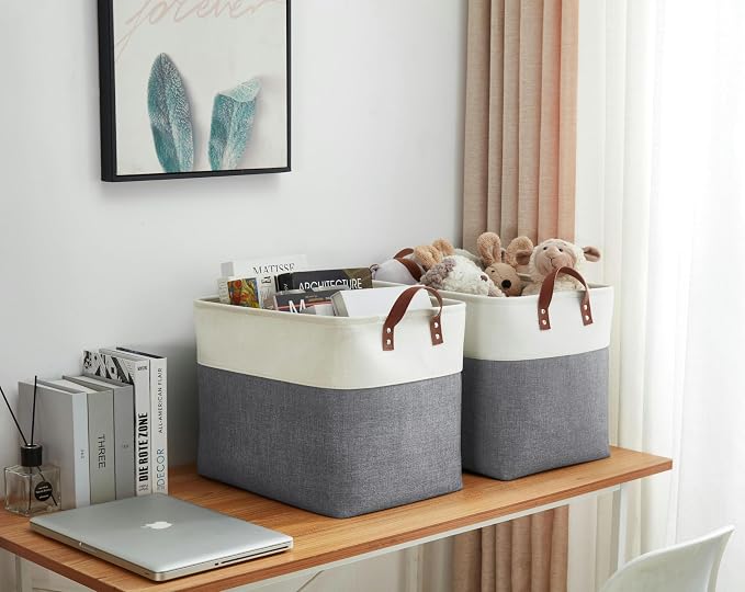 DECOMOMO Fabric Storage Bins, Extra Large Storage Baskets with Handles | 3 Pack Storage Baskets for Shelves, Laundry, Toys, Nursery (Slate Grey & White)
