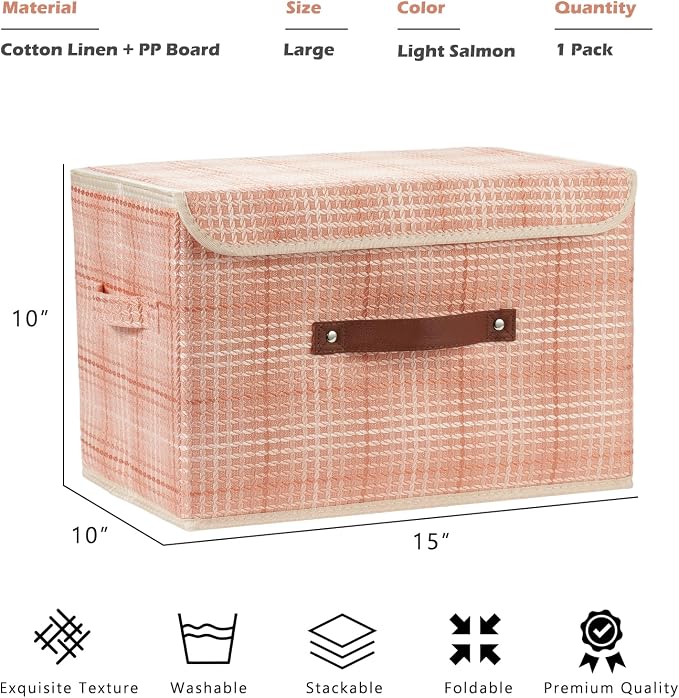 Storage Boxes with Lids Decorative Fabric Bins Baskets Container | Clothes Organizer for Closet Shelf, Collapsible Washable, w/ Faux Leather Handles, Light Salmon (3D Textured), Large