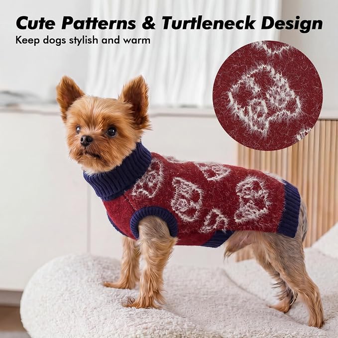 IDOMIK Dog Knit Sweaters for Small Dogs, Sleeveless Pet Pullover Sweater,S | Turtleneck Red Dog Sweater, Stretchy Knit Dog Clothes, Warm Puppy Sweater for Winter Daily Wear, Cute Cat Pattern