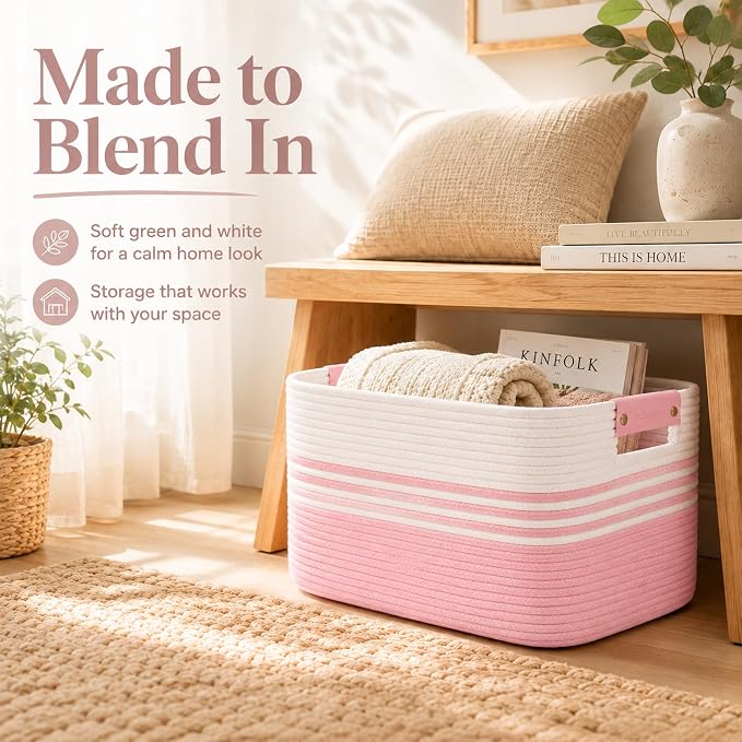 22.8GAL Extra Large Collapsible Laundry Basket for Dirty Clothes,Shoes, Sturdy Portable Aesthetic Boho Heavy Duty Wicker Hamper for Living Room Thow Pillows Blankets Storage Organizer,White Pink