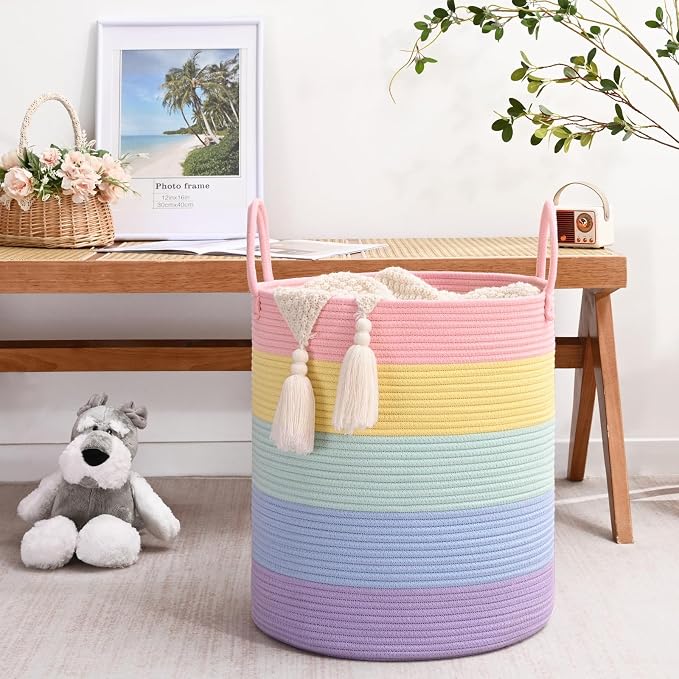 Laundry Hamper for Organizing, 52L Large Laundry Baskets, Cotton Rope Woven Blanket Basket, Collapsible Laundry Hamper for Living Room, Nursery, 15"×18", Light Rainbow