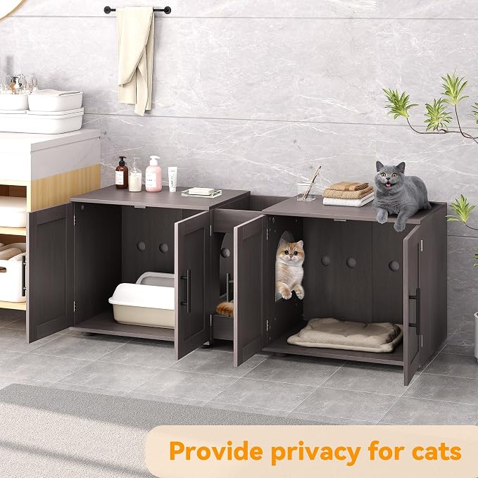 55" Cat Litter Box Enclosure Furniture, Wooden Hidden Litter Box Cabinet with Barn Door & Double Rooms, 3 in 1 Large Cat Litter Cabinet Pet Furniture for Living Room & Bedroom