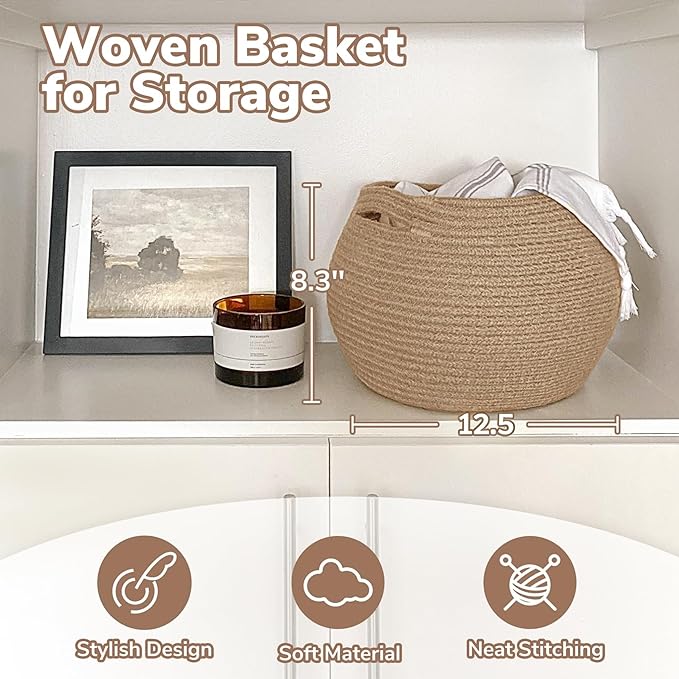 Goodpick Wicker Storage Basket for Living Room, Small Round Woven Basket for Toys, Towel, Bedroom, Children Corner Decoration Plant Baskets Indoor, Jute, 12.5"D x 8.3"H (Pack of 2)