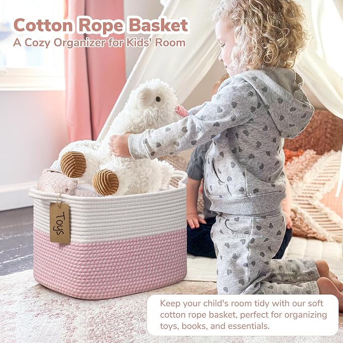 Goodpick Woven Rope Storage Basket for Shelves, Rectangle, Pink & White | 13" × 10" × 9" Stylish Gift Basket for Nursery & Bedroom Organization, Fits Toys & Baby Essentials Storage, Writable Label