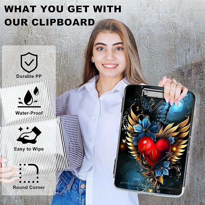 Winged Heart A4 Clipboard with Storage Pen Holder, Clipboards Organizer Nursing Clipboard Foldable File Folder Plastic Clipboard Folio Clip Board for Office Students Classroom Doctor
