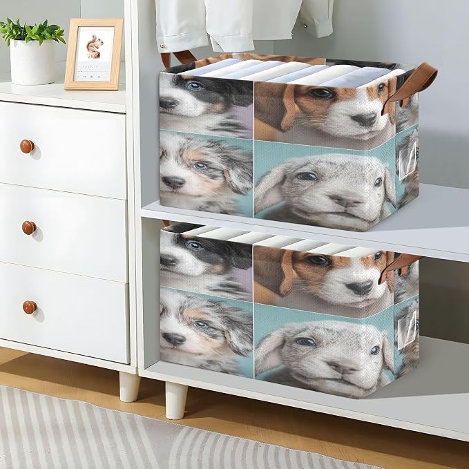 Adorable Pets Dogs Storage Bins Under Bed Cute Foldable Storage Basket with Handles Collapsible Box Organizer with Metal Frame for Closet Cabinet 2PCS
