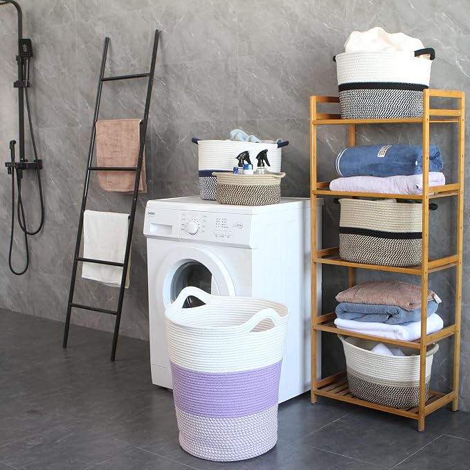 Sea Team Large Woven Cotton Rope Laundry Basket with Handles, 20 x 14 in | Collapsible Knitted Hamper, Closet Shelf Organizers, Containers for Clothing, Blankets, Toys, Bedding, Mottled Lavender
