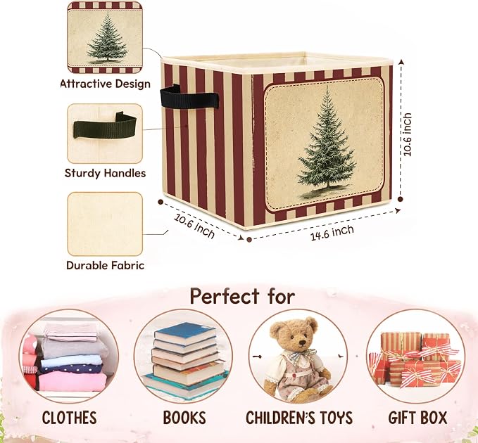 Christmas Tree Stripe Storage Bin, Fabric Organizer | Vintage Christmas tree storage bin with red stripes for toys, books, clothes, blankets, holiday shelves, and closets.