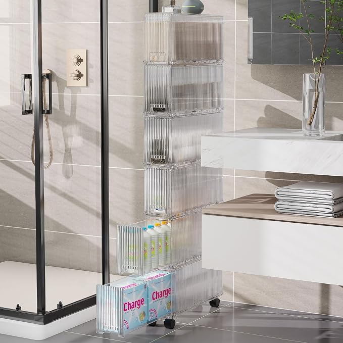 KHNR Slim 6 Tier Bathroom Storage Cabinet with Wheels, Narrow Gap Organizer Shelf, Tower for Shampoo, Towels, Toilet Paper Toiletries, Perfect for Bathroom Corner or Beside Toilet, Clear White