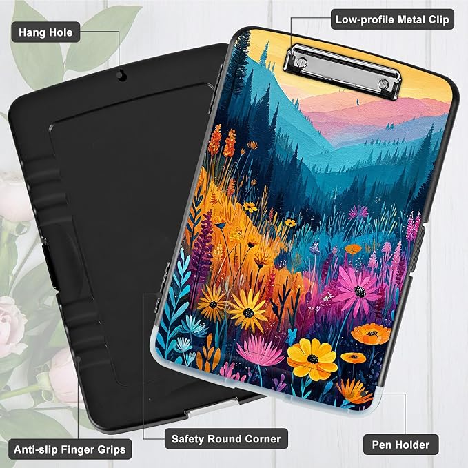 A4 Clipboard with Storage Pen Holder, Clipboards Organizer Nursing Clipboard Foldable File Folder Plastic Clipboard Folio Clip Board for Office Work Classroom Doctor, Mountain Wildflowers