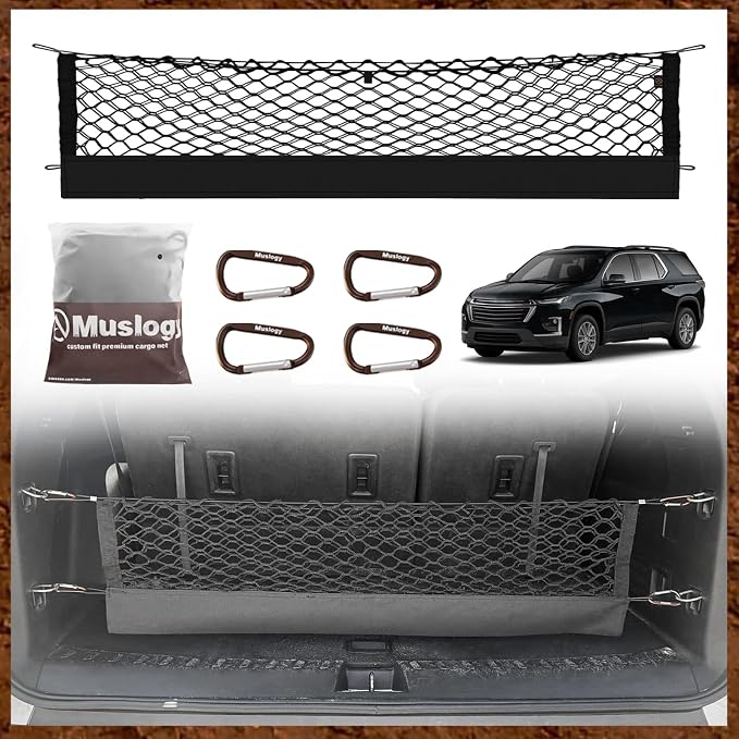 Muslogy Cargo Net for 2018-2023 Chevy Traverse Accessories | Custom Fit, Trunk Storage Organizer Net for SUV Sedan Van Divider, with Heavy Duty Carabiners, Night Visible Grab Handle