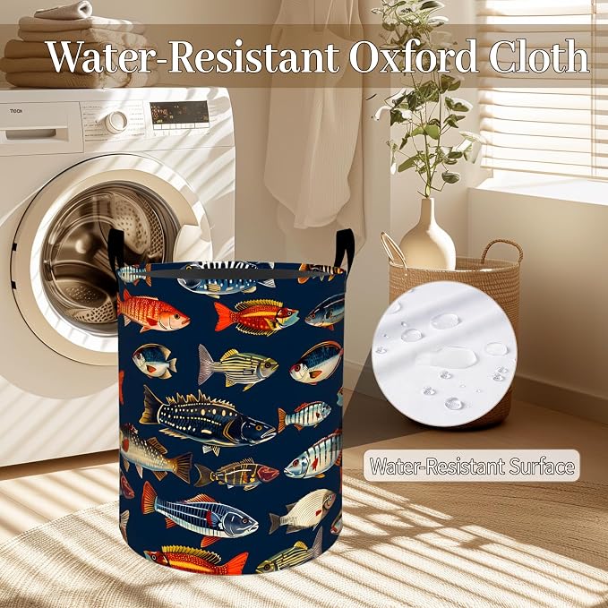 Tropical Fish Laundry Basket, Marine Life Foldable Oxford Cloth, Waterproof Dirty Clothes Hamper with Handles, Clothing Storage Bin Toy Organizer for Bedroom Dorm Bathroom, 19.7"x15.7"