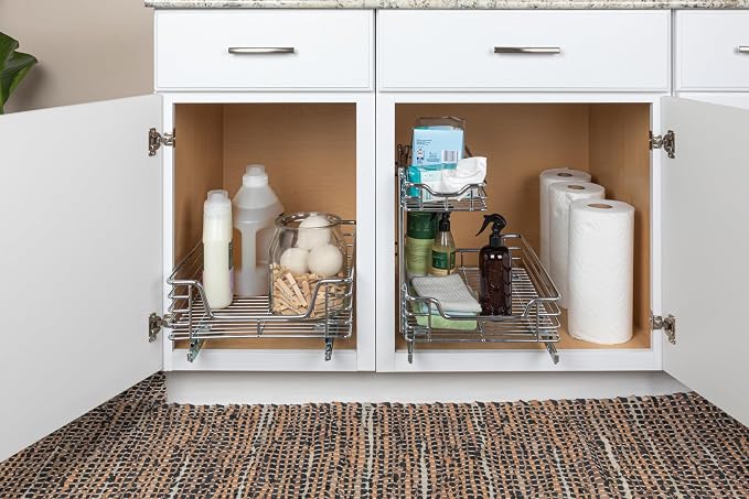 Household Essentials Glidez 2‑Tier Multipurpose Chrome‑Plated Steel Pull‑Out/Slide‑Out Under Sink Organizer, Chrome Finish