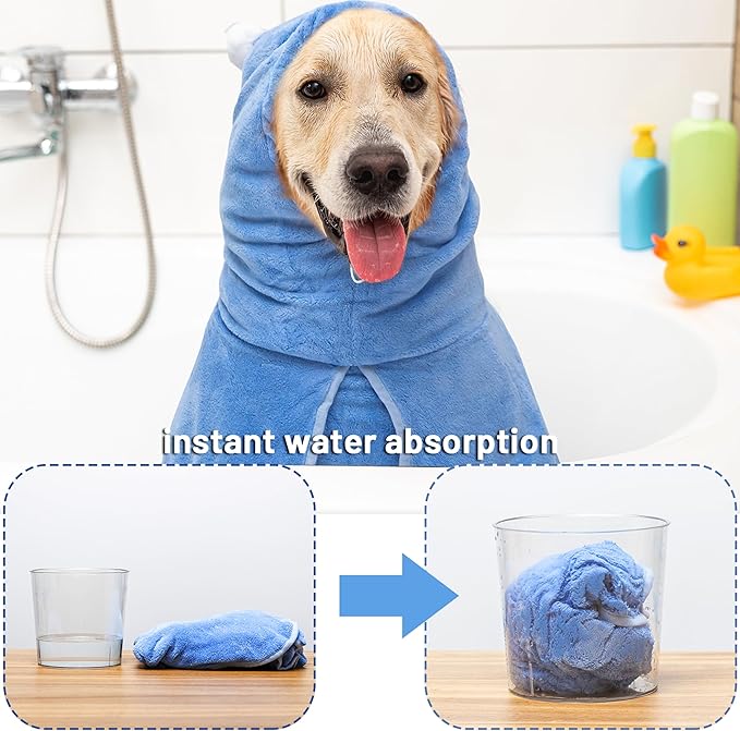 Dog Bath Towel Robe - Quick Drying Absorbent Hooded Pet Bathrobe Towel for Bath Grooming Beach Trip Pool - Soft Cozy Adjustable Drying Coat Hoodie for Medium Large Dogs