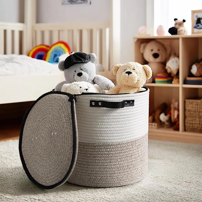 Storage Basket with Lid, 18"x14" Large Woven Blanket Storage for Living Room, Round Cotton Rope Bin with Zipper Top, Shoe Basket with Lid for Entryway, Floor Kids Dog Toy Bin Box with Cover