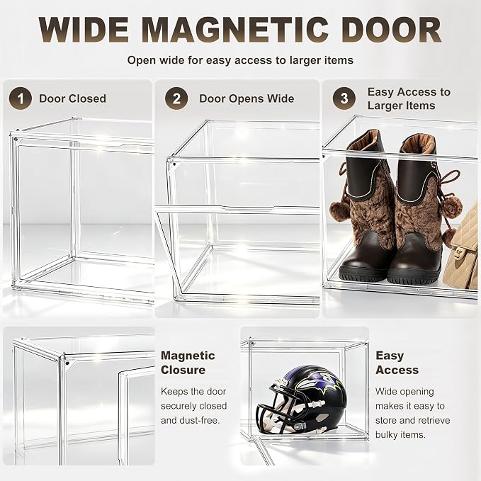5 Pack XXX-Large Clear Acrylic Display Box, Wide Door, Boots & Handbags | 17.7 x 13 x 13 in oversized PET box for boots, bulky sneakers, handbags and larger closet items,display closet organization