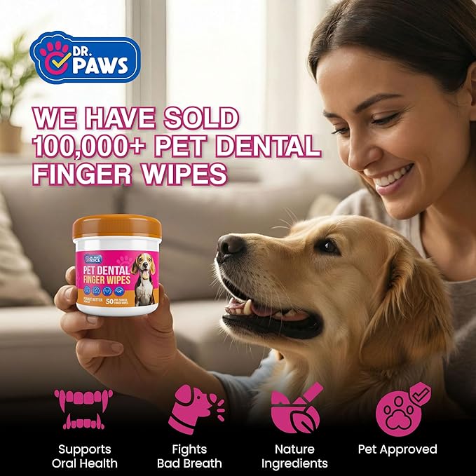 Pet Dental Finger Wipes - Natural Ingredients, Easy to Use Dog Teeth Cleaning Wipes for Effective Dog Teeth Cleaning - Ideal Dog Dental Wipes for Optimal Oral Hygiene (Peanut Butter)