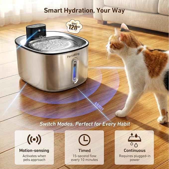 PartsBling Wireless Cat Water Fountain Stainless Steel, 4.2L/142fl oz Ultra Quiet Pet Water Dispenser Bowl for Cats & Dogs, Cordless Dog Water Fountain with 5000 mAh Battery Operated with 4 Filters