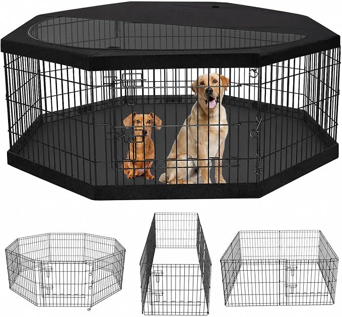 PETIME Foldable Metal Dog Exercise Pen/Pet Puppy Playpen Kennels Yard Fence Indoor/Outdoor 8 Panel 24" W x 30" H with Top Cover and Bottom Pad