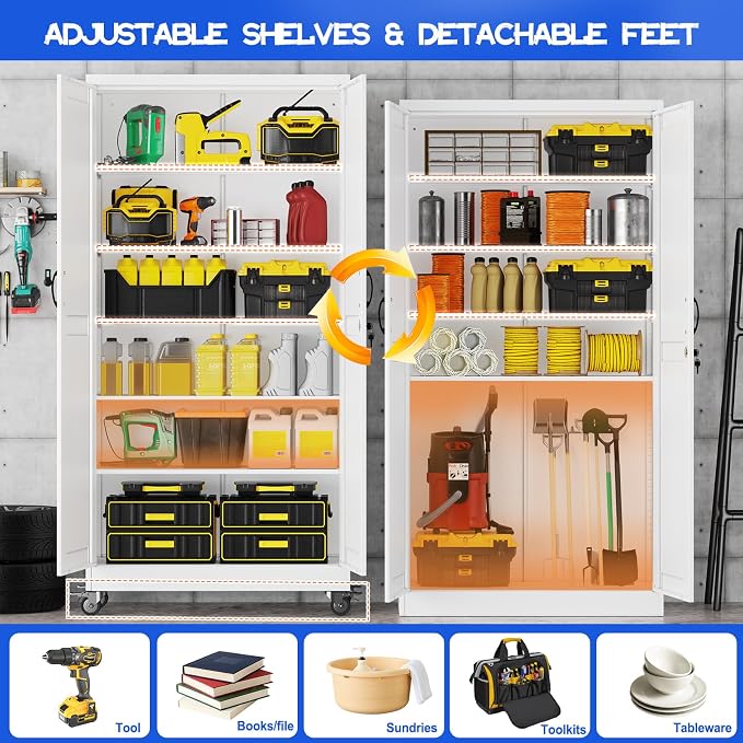 GAIOUS 73.6" Tall Metal Storage Cabinet with Lock and Wheels, File Cabinet | for Home Office, Garage Storage Cabinets with 2 Door and 5 Adjustable Shelves, Rolling Tool Cabinet, Utility Cabinet, White