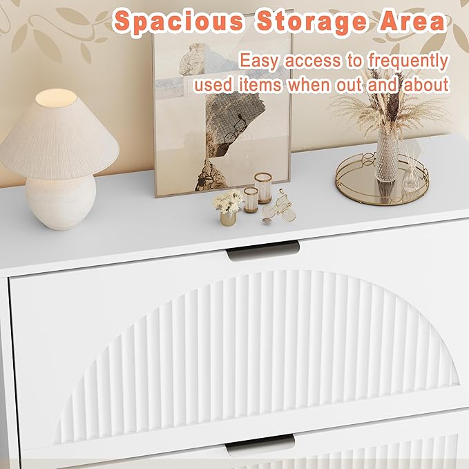 Shoe Storage Cabinet with 2 Flip Drawers, Narrow Wood Shoe Organizer Cabinet, Slim Freestanding Fluted Shoe Cabinet for Entryway, Living Room, Hallway (White, 4-Drawers)