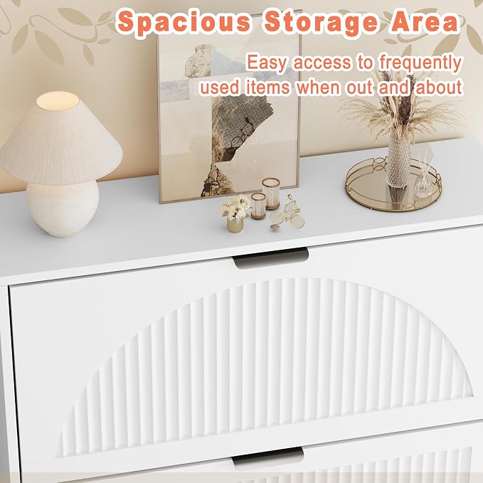 Shoe Storage Cabinet with 2 Flip Drawers, Narrow Wood Shoe Organizer Cabinet with Fluted Panel, Slim Shoe Rack for Entryway, Freestanding Shoe Cabinet for Living Room, Hallway, White