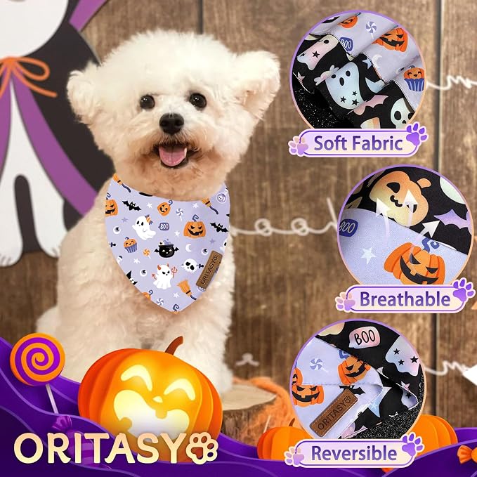Halloween Dog Bandanas, Colorful Ghost 2-Pack Triangle Reversible Pet Scarves, Premium Fabric, Pumpkin Purple Bandana for All Boys Girls Dogs (X-Large, Style 1)