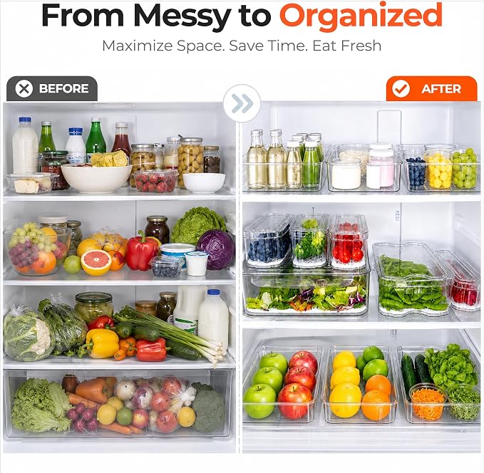 SMRCAD Clear Fridge Bins with Drain Trays - BPA-Free PET, Stackable(8 Pack) | 8 Pack: 1 Drawer + 7 lidded Bins, Helps Keep Produce Fresh, 18.3L Capacity, Hand Wash Only