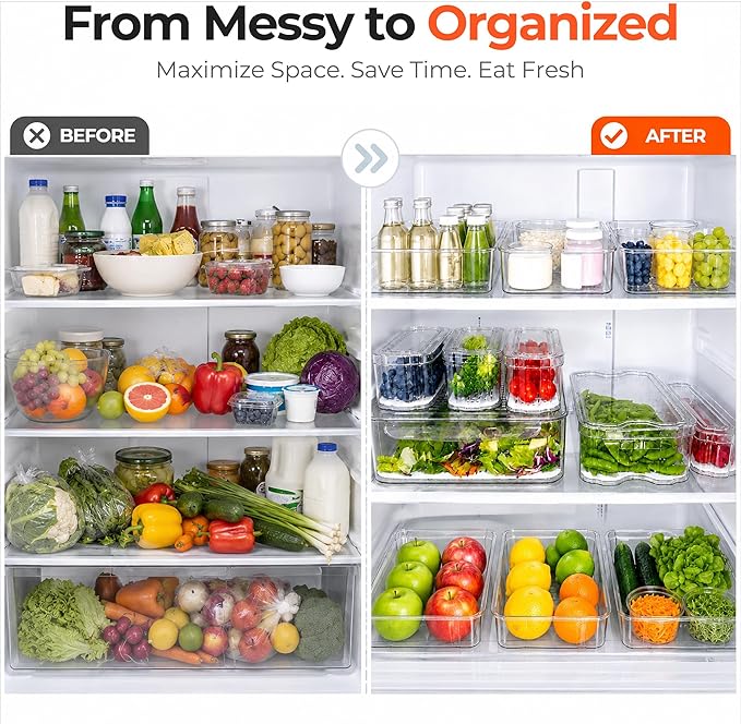 SMRCAD 8 Pack Clear Fridge Organizer Bins with Drain Trays - Stackable | BPA-Free PET, 8 Pack: 1 Drawer + 7 lidded Bins, Helps Keep Produce Fresh, 18.3L Capacity, Hand Wash Only