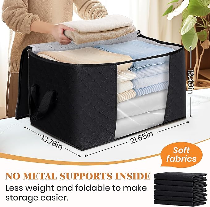 4 Pack Storage Bags for Clothes Blanket Storage Bins with Lids | Foldable Closet Organizers with Zippers,Window and Handles,Fabric Storage Bins for Sweater,Comforter,Bedding,Dorm essentials