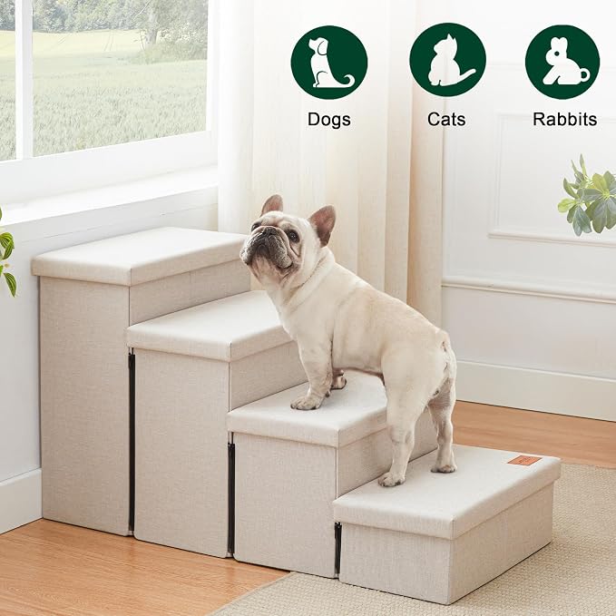 Love's cabin Dog Stairs for High Bed, Foldable Pet Stairs for Small Medium or Large Dogs Puppy with Storage for Bed or Couch, Cat Dog Steps Ramp with Zip up to 200 lbs, Beige, 4 Steps