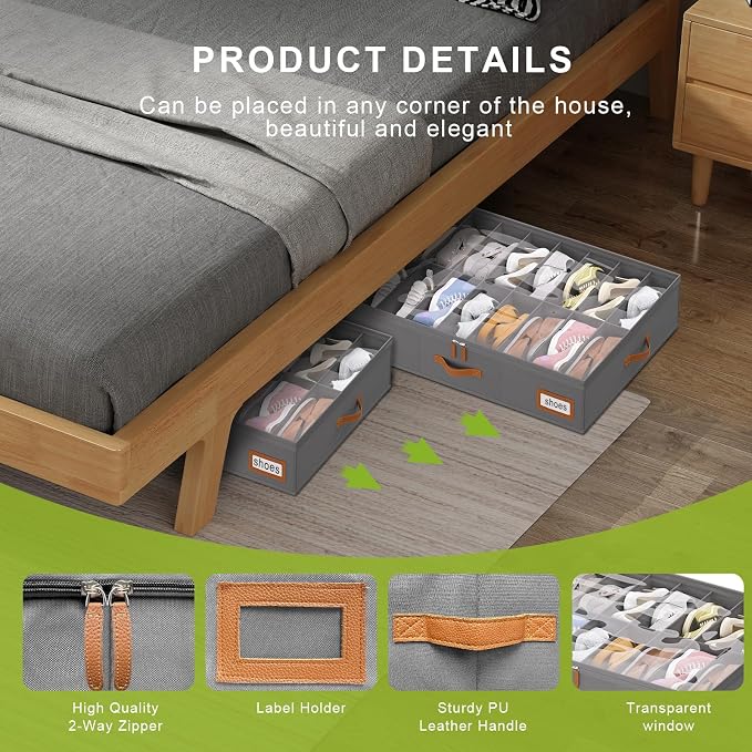 Shoe Organizer Under Bed, Fits 32 Pairs, Under bed Shoe Storage Boxes with Study Handles and Clear Cover, zapateras organizer for shoes, set of 2