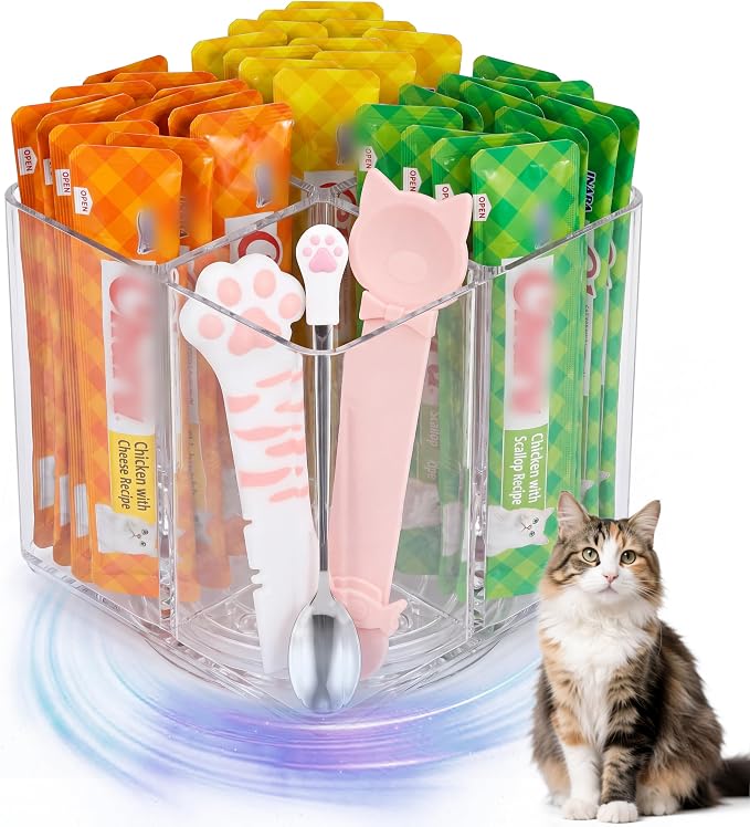 Rotating Cat Food Organizer, Acrylic Lazy Susan 4 Slot Lickable Wet Cat Treat Container for Countertop, Cabinet & Pantry (Clear Square)