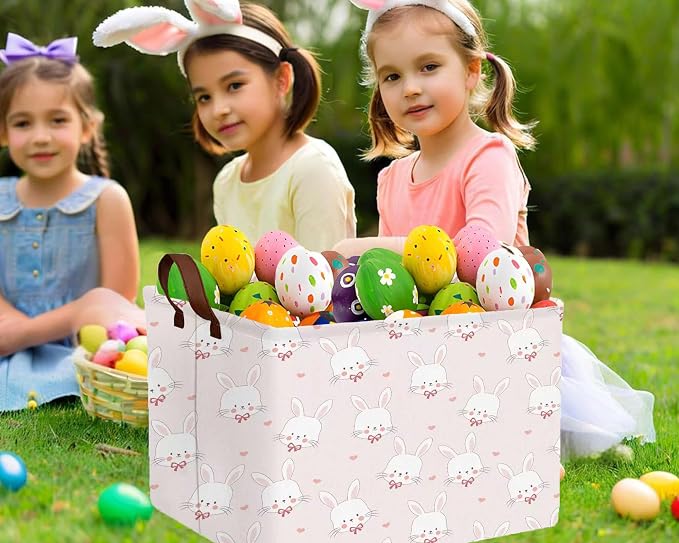 Large Rectangular Easter Baskets Empty Waterproof Boy Toy Box Foldable Kid's Gifts Storage Bin Spring Room Decor(Pink Love Rabbit Head)