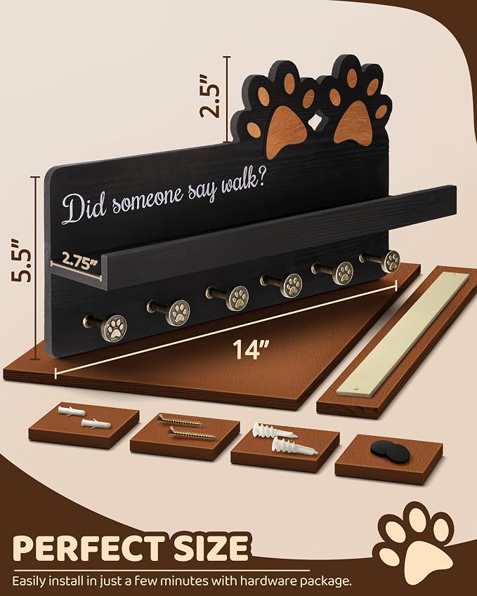 MTERSN Decorative Dog Leash Holder for Wall with Shelf & 6 Hooks, Black | 3D Dog Paw Key Hooks, Unique Back Panel, Key Hanger for Leashes & Keys, Pet Accessories Storage, Gift for Dog Lovers