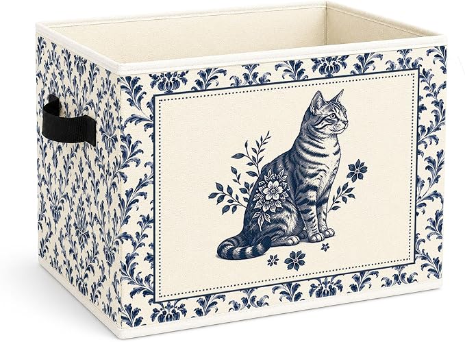 Blue Floral Cat Storage Bin, Foldable Fabric Organizer | Blue floral cat storage bin with vintage porcelain style for toys, books, clothes, pet items, shelves, and rooms.