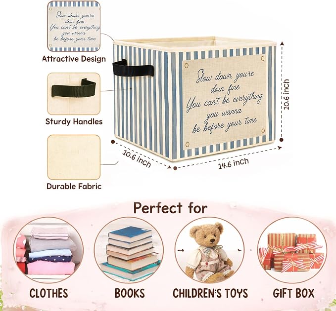 Slow Down Blue Stripe Foldable Fabric Storage Bin for Kids Toys & Clothes | Positive quote, blue stripe design; collapsible bin for organizing toys, books, clothes in nursery, bedroom or playroom.
