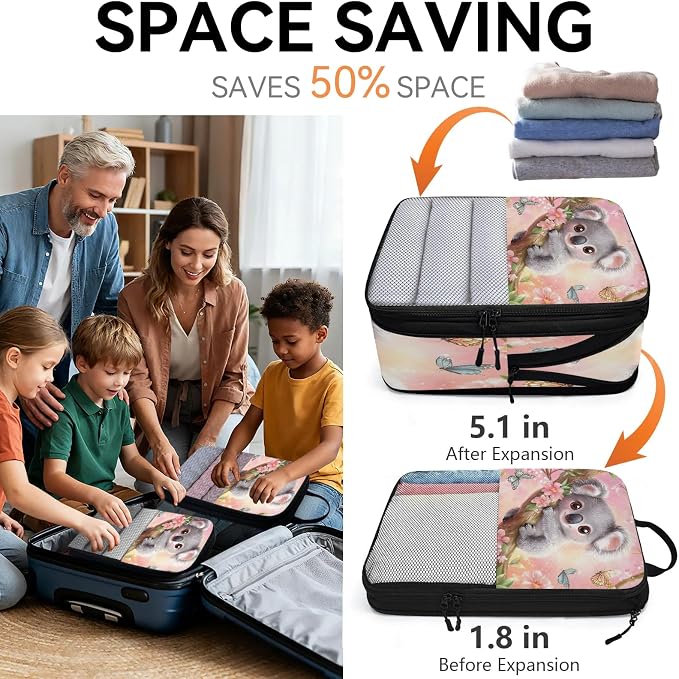 Cute Koala 6 Set Compression Packing Cubes Animals Expandable Packing Organizer for Travel Accessories Luggage Suitcase Bag