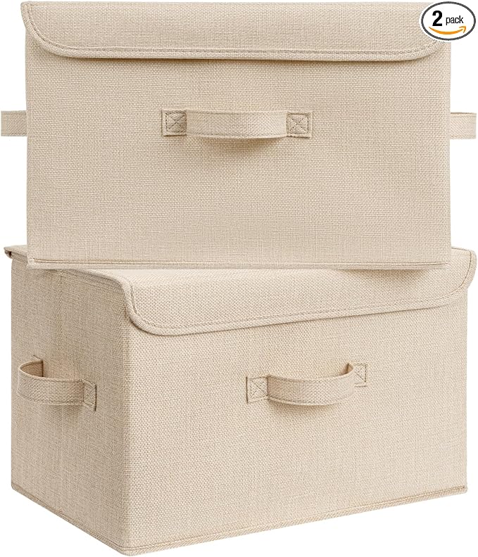 GRANNY SAYS Memory Keepsake Storage Box, Fabric Storage Bins with Lids | Flip-Top Lid, Collapsible, Stackable, 3 Handles, Ideal for Closet Clothes Blanket Toys, Large, Khaki, 2-Pack