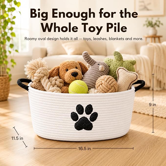 Dog Toy Basket with Handles, Cotton Rope Storage Bin Organizer for Pets | Holds toys, blankets, leashes & dog stuff. Machine washable, collapsible, free-standing woven bin with embroidered paw.