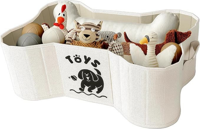 39L Dog Toy Basket, Collapsible Dog Bone Baskets for Toys, Dogs Storage Organizer with PU Handles, Pet Toys Basket with Bone Shape Design, Toy Baskets for Dogs, Gray, 22" x 14.4" x 7.5", Beige