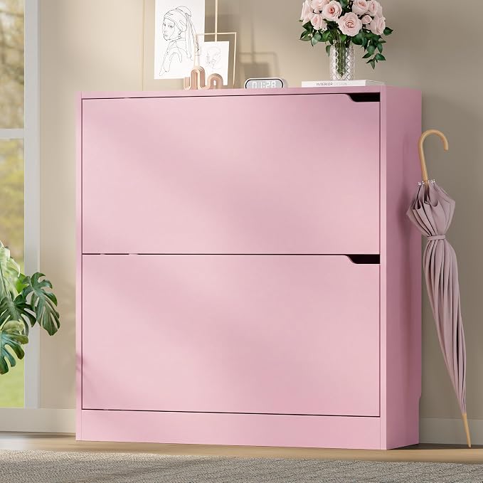 BORNOON Shoe Cabinet with 2 Flip Drawers, Slim Narrow Shoe Storage Cabinet, Freestanding Shoe Organizer with Adjustable & Removable Shelves, Top Display Shelf for Entryway, Hallway, Foyer, Closet