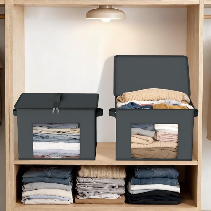 Zilink Fabric Organizer Bins with Lids Cloth Storage Bins, Dark Grey, 4Pack | Stackable, Smooth Zipper, Clear Window, Collapsible Closet Organizer Storage Bins for Home, Office, Bedroom