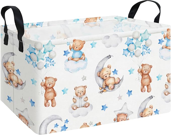 Rectangular Bear Storage Bin, Fabric Closet Organizer Basket | Einforced side grips, foldable holder arranges clothing and bedroom personal belongings