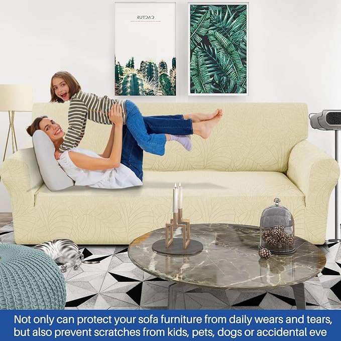 YEMYHOM Couch Cover Latest Jacquard Design High Stretch Sofa Covers for 3 Cushion Couch, Pet Dog Cat Proof Slipcover Non Slip Magic Elastic Furniture Protector (Large, Begonia Leaf Beige)