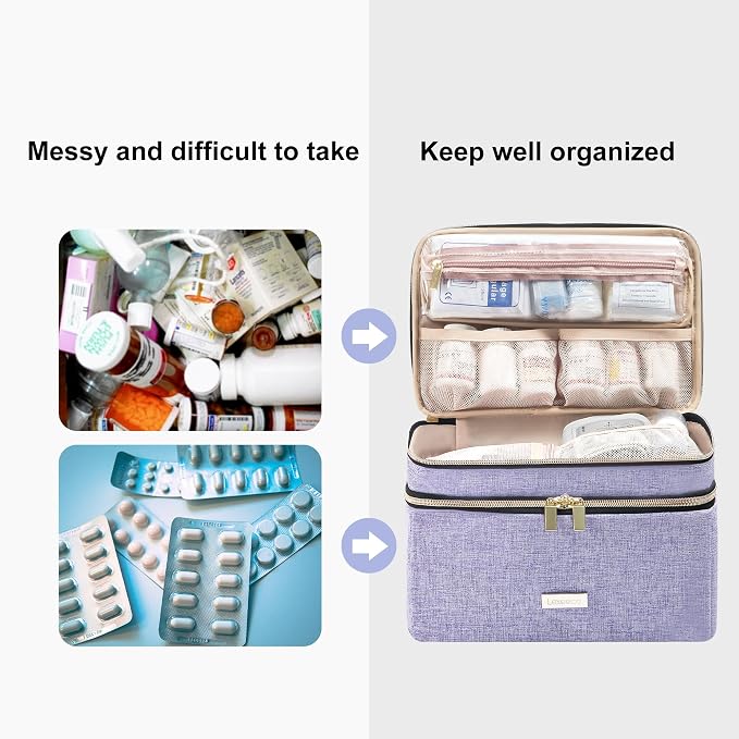 Lexeeco Travel Medicine Pill Bottle Organizer Bag with Portable Small Pouch | Medication Case with Lockable Zipper for Pill,Vitamin,Medicine Storage Box for College Dorm Student,Home,First Aid Bag Empty