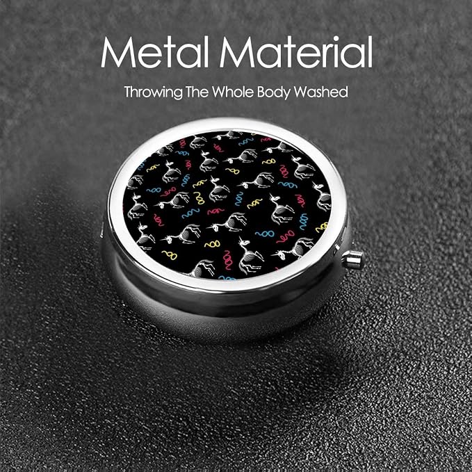 Compact Pill Case, Metal Round Holder for Supplements, Purse Pocket Organizer Travel Essential, Happy Halloween Unicorn Skull Skeletons
